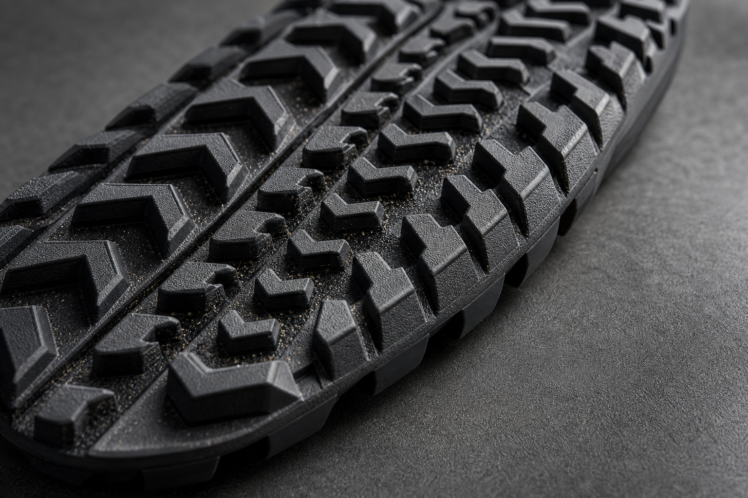 Macro view of a thin barefoot trail shoe outsole showing multi-directional chevron lugs and self-cleaning channels