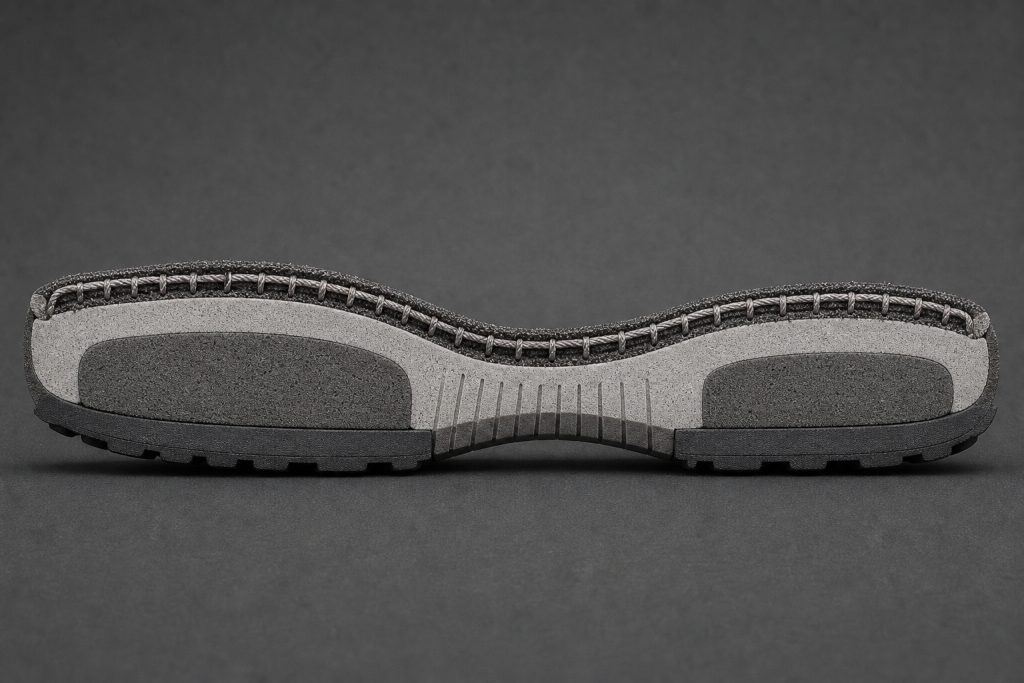 Cross-section of a thin barefoot trail sole showing segmented high-density protection inserts at the forefoot and heel while the midfoot stays flexible
