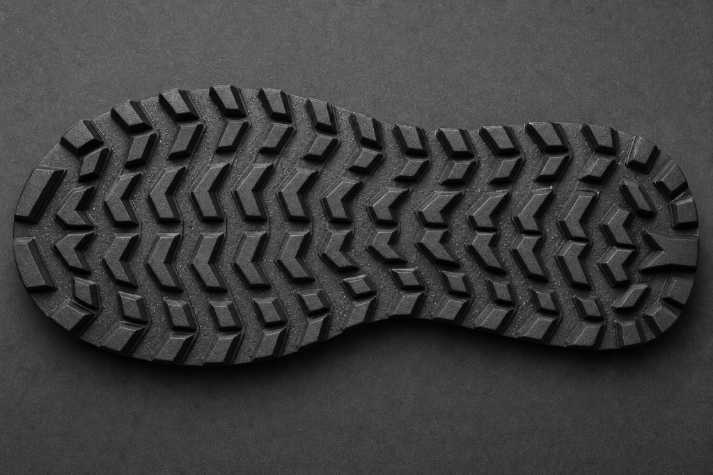 Top-down view of an engineered barefoot trail outsole showing multi-directional lug rows, wide drainage channels and outward-pointing edge lugs