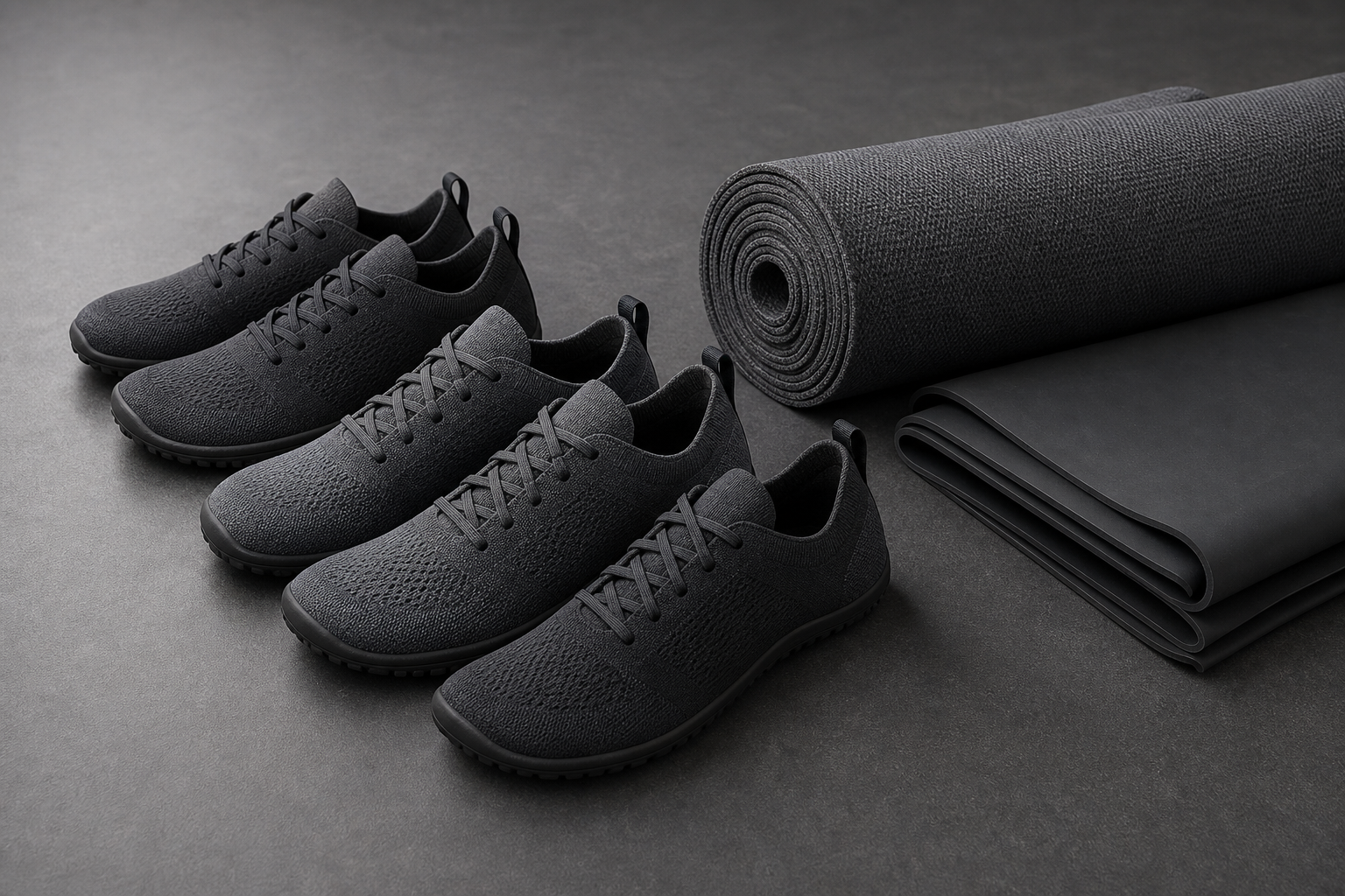 Finished pairs of minimalist barefoot shoes in an orderly row staged for dispatch beside prepared knit fabric and rubber sheet