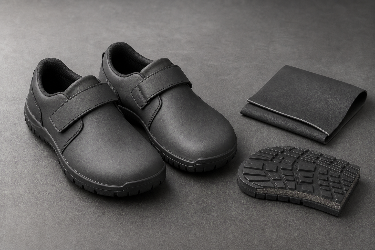 A pair of work-version minimalist barefoot shoes with strap closure beside a wipeable upper material swatch and an outsole section showing its tread