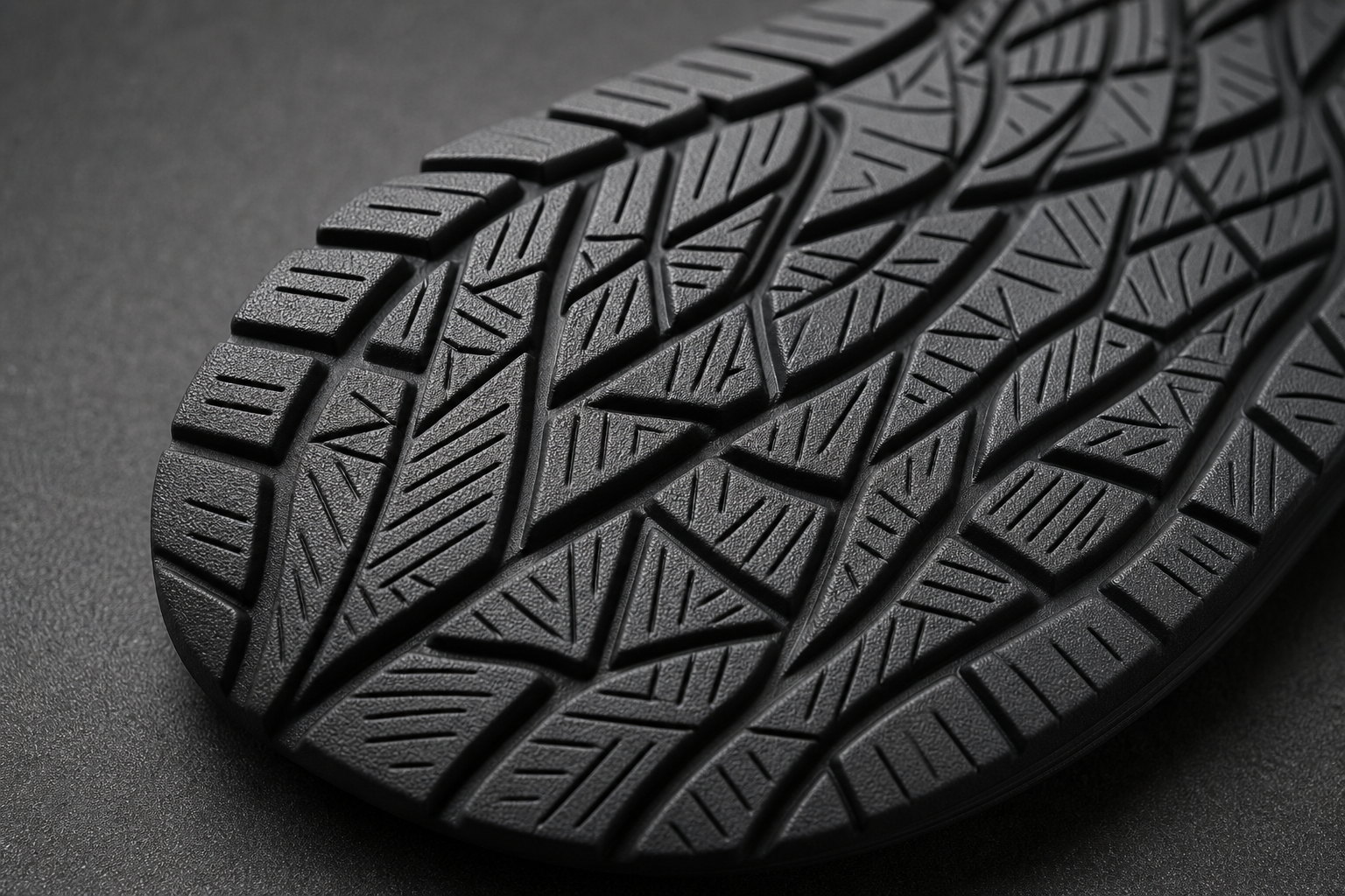 Macro view of dense multi-directional anti-slip sipes and narrow drainage channels on a flexible work footwear outsole