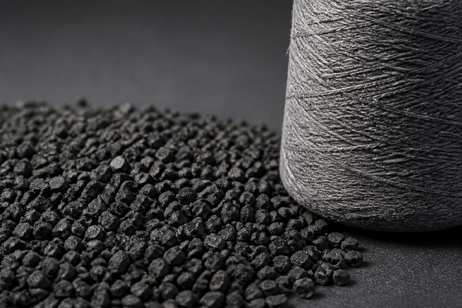 Macro view of granulated recycled rubber crumb and a recycled yarn spool as raw footwear feedstock