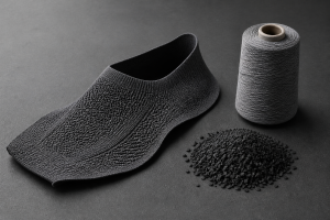 A seamless one-piece knit shoe upper beside recycled rubber crumb and recycled yarn feedstock, illustrating a closed material loop