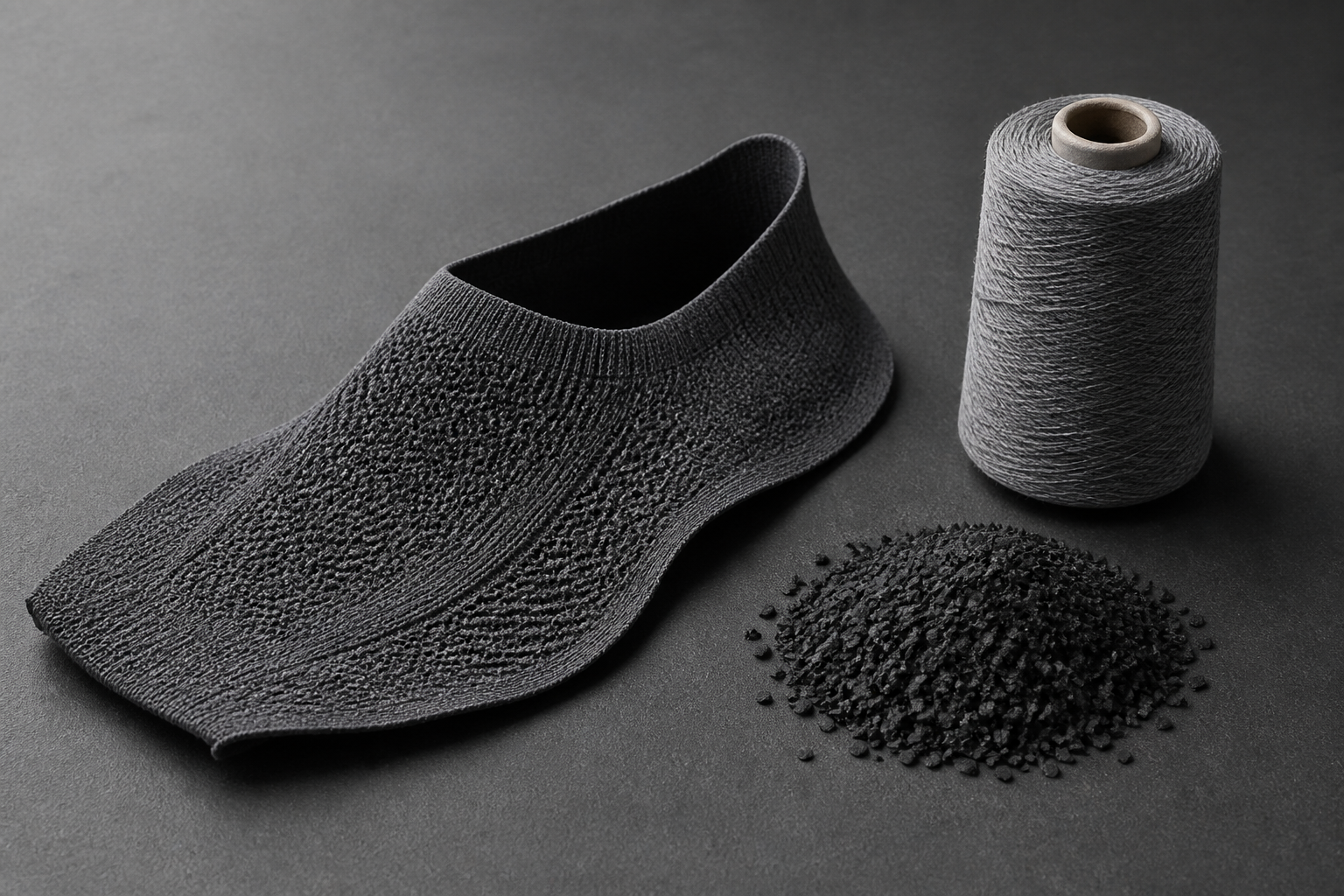 A seamless one-piece knit shoe upper beside recycled rubber crumb and recycled yarn feedstock, illustrating a closed material loop