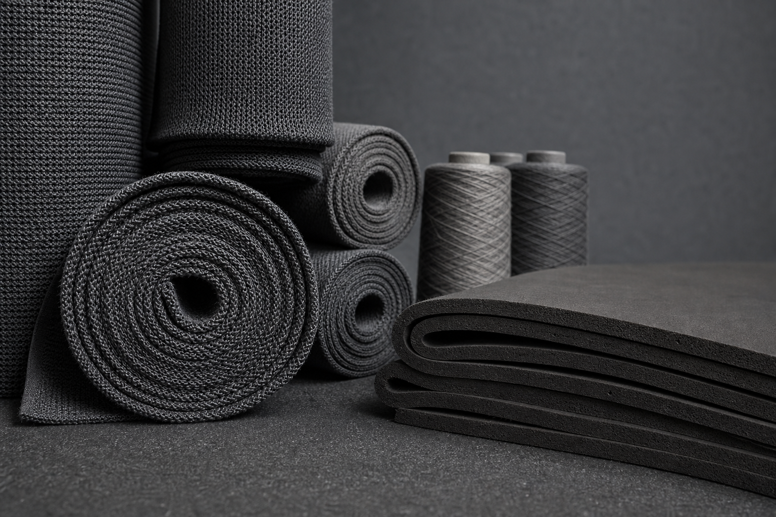 Orderly rolls of knit upper fabric, folded rubber sheet and yarn cones staged as inventory-ready footwear materials