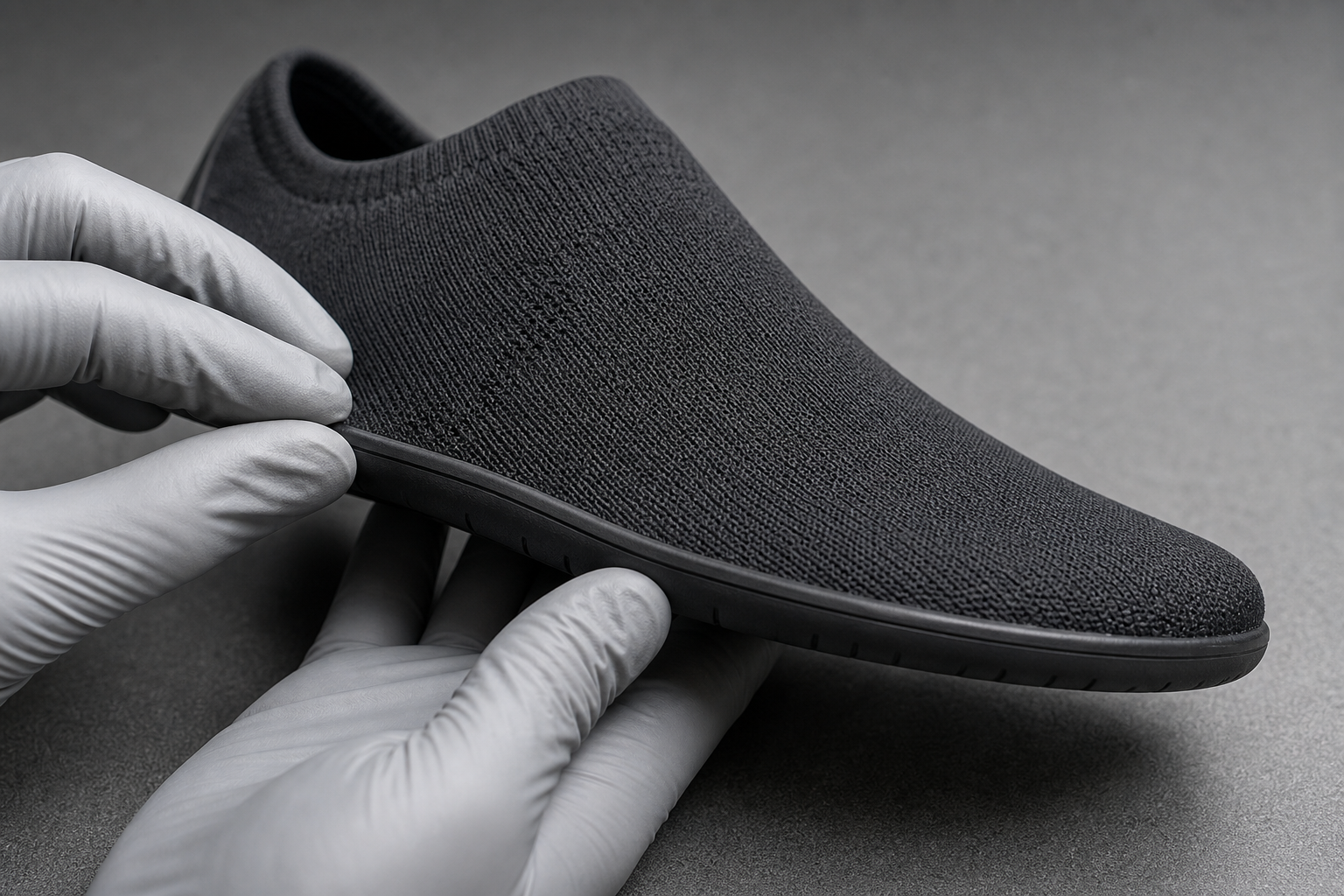 A gloved hand inspecting the bond line along the thin flat outsole edge of a minimalist barefoot shoe